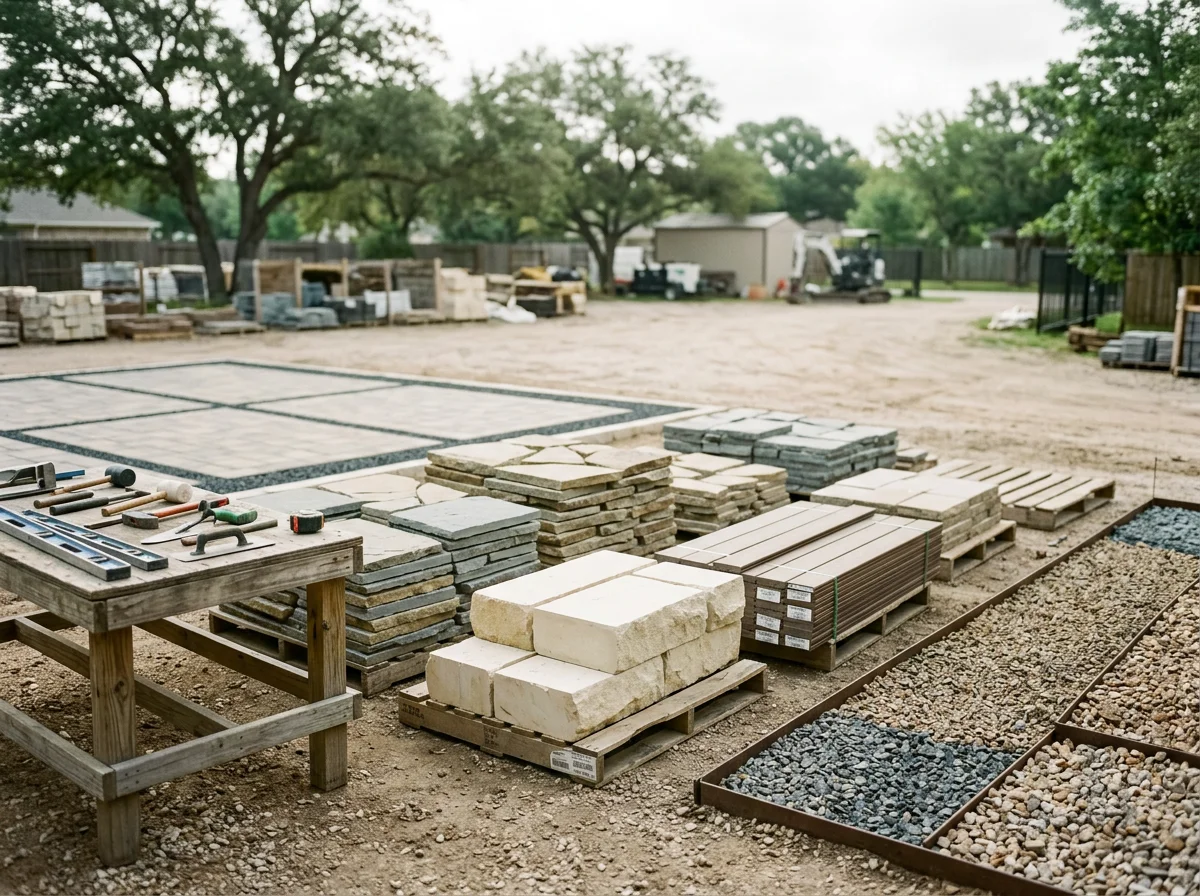Outdoor construction workspace with tools, materials, and completed patio or hardscape project elements.