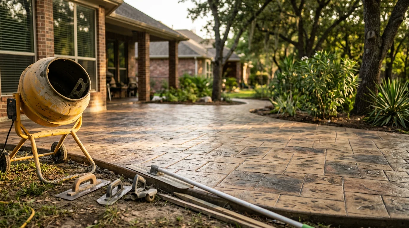 Stamped decorative concrete patio in Cypress backyard