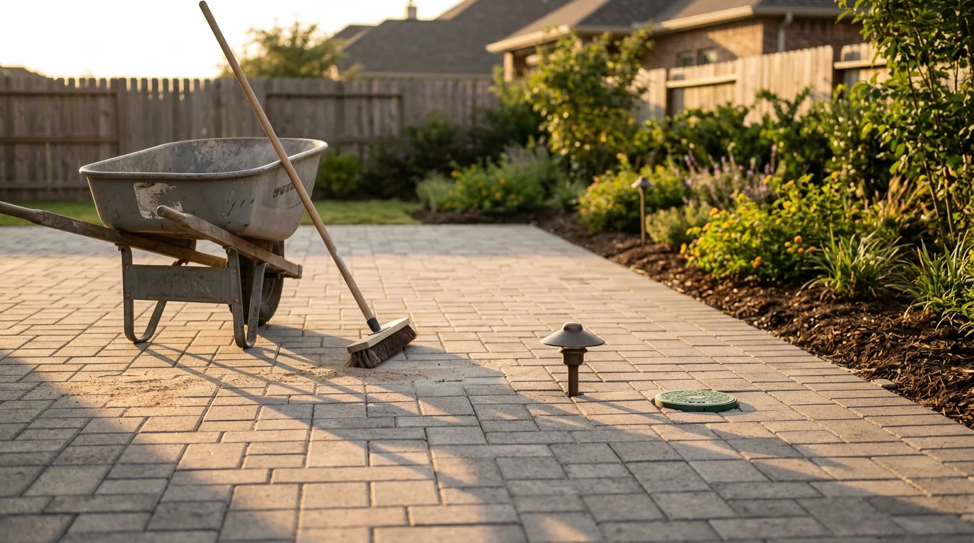Paver patio and landscape lighting installation in Cypress yard