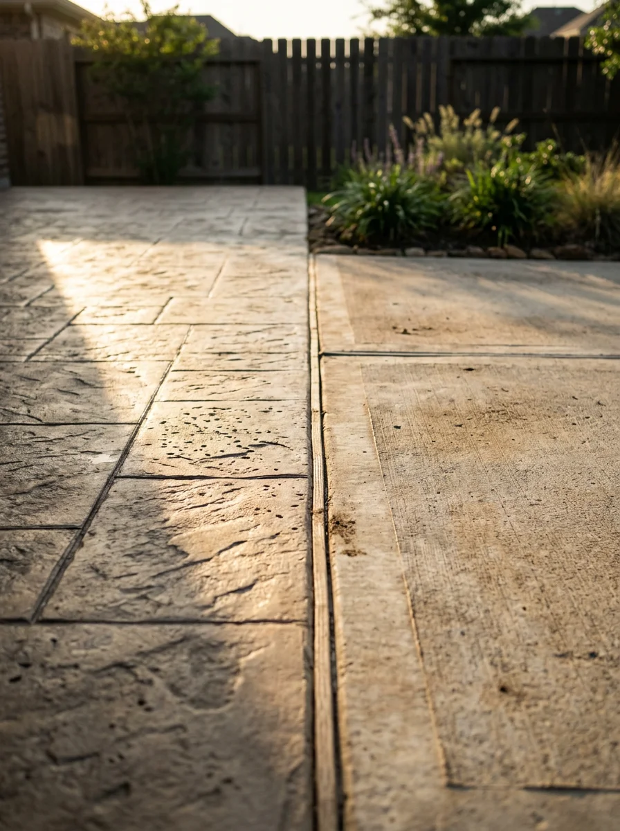 Detail view of a stamped concrete patio extension at a Cypress, TX home, showing the transition from the existing slab to the new decorative surface.