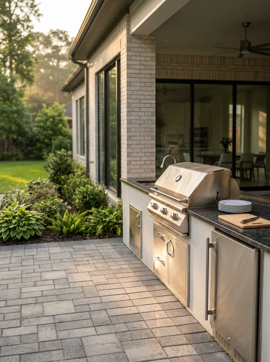 An outdoor kitchen addition on a compact Energy Corridor backyard lot, showing the built-in grill, counter space, and paver patio surface adjacent to the home's rear entry.