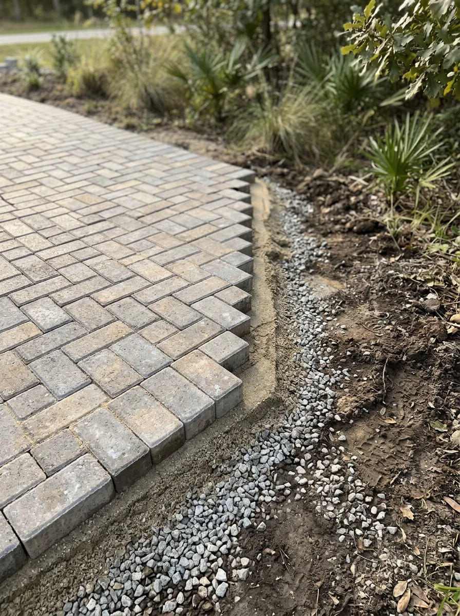 Close-up of interlocking paver walkway installation on a Hockley residential property, showing compacted base layers and precise joint spacing.