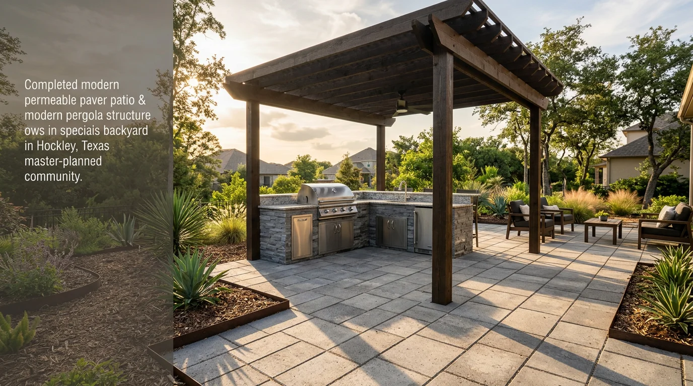 A completed paver patio and pergola on a spacious backyard lot in a Hockley, TX master-planned community, with an outdoor kitchen visible under the shade structure.