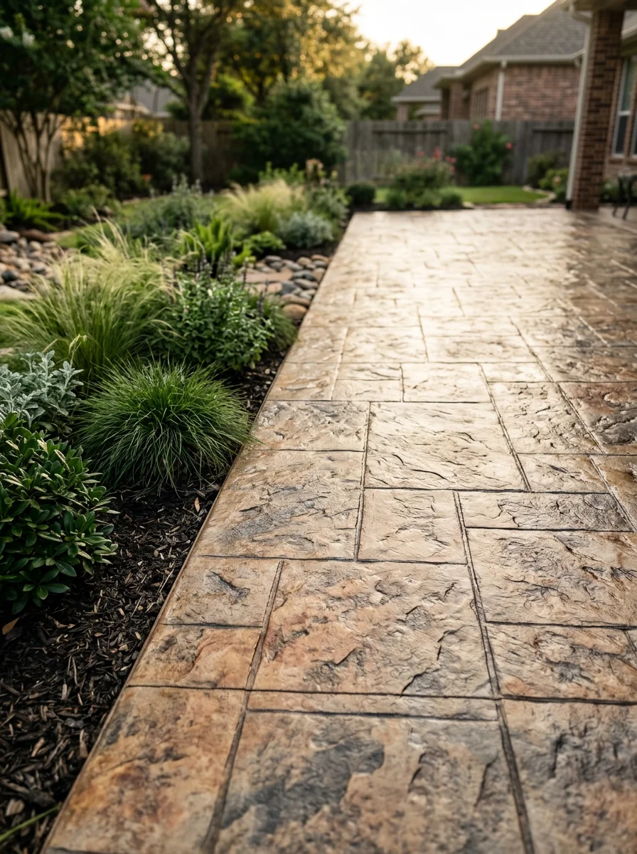 Close-up of a decorative stamped concrete overlay on an older Katy residential patio, showing the refreshed surface texture and color finish.