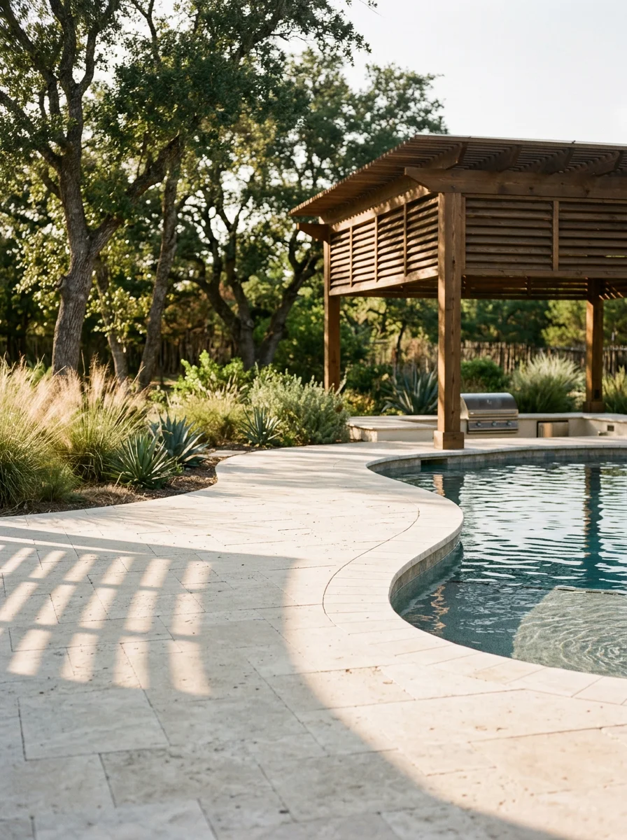 A poolside patio and pergola installation on a large Magnolia, TX residential property, showing the integration of the pool deck, shade structure, and surrounding landscape.