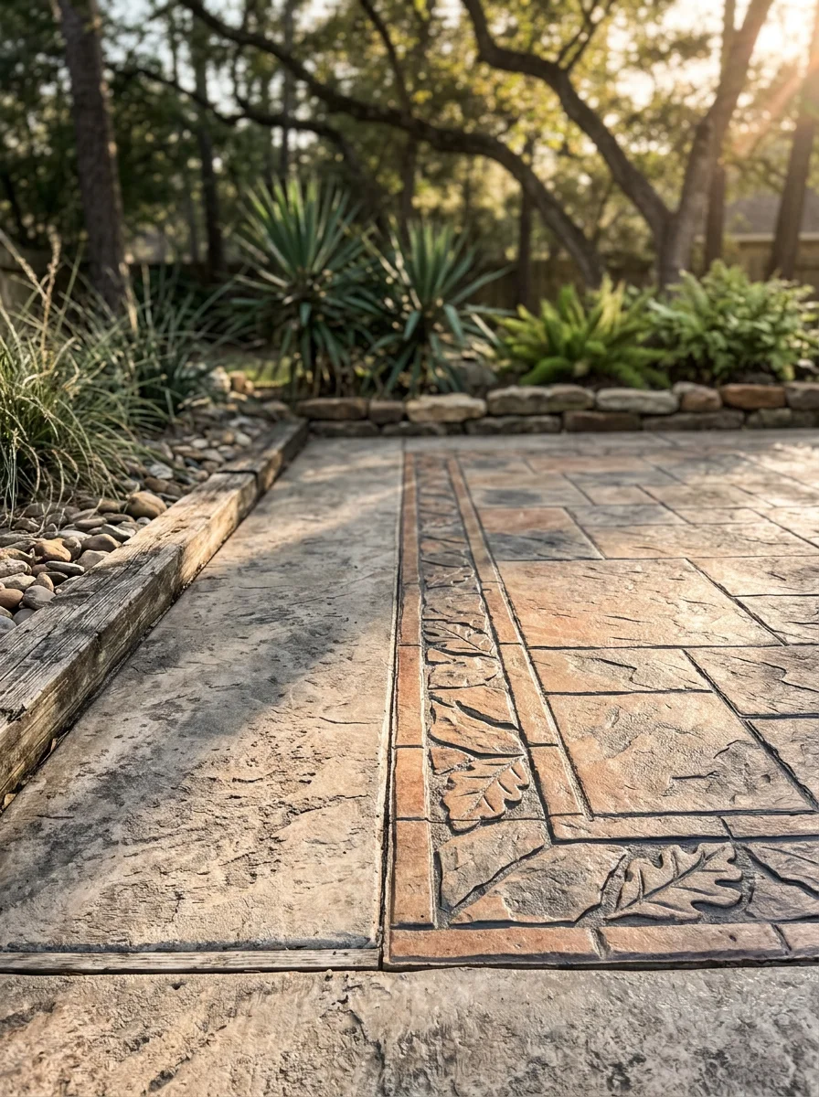 A decorative concrete overlay on an older Grogan's Mill patio in The Woodlands, TX, showing the refreshed surface finish with a stamped border pattern.
