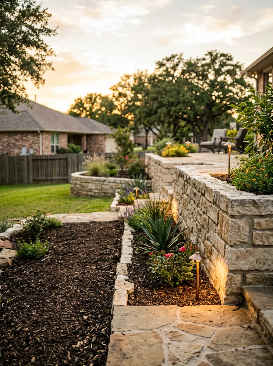 A retaining wall and landscape lighting installation on a sloped Tomball residential lot, showing the graded hardscape transition from the home's patio to the lower yard.