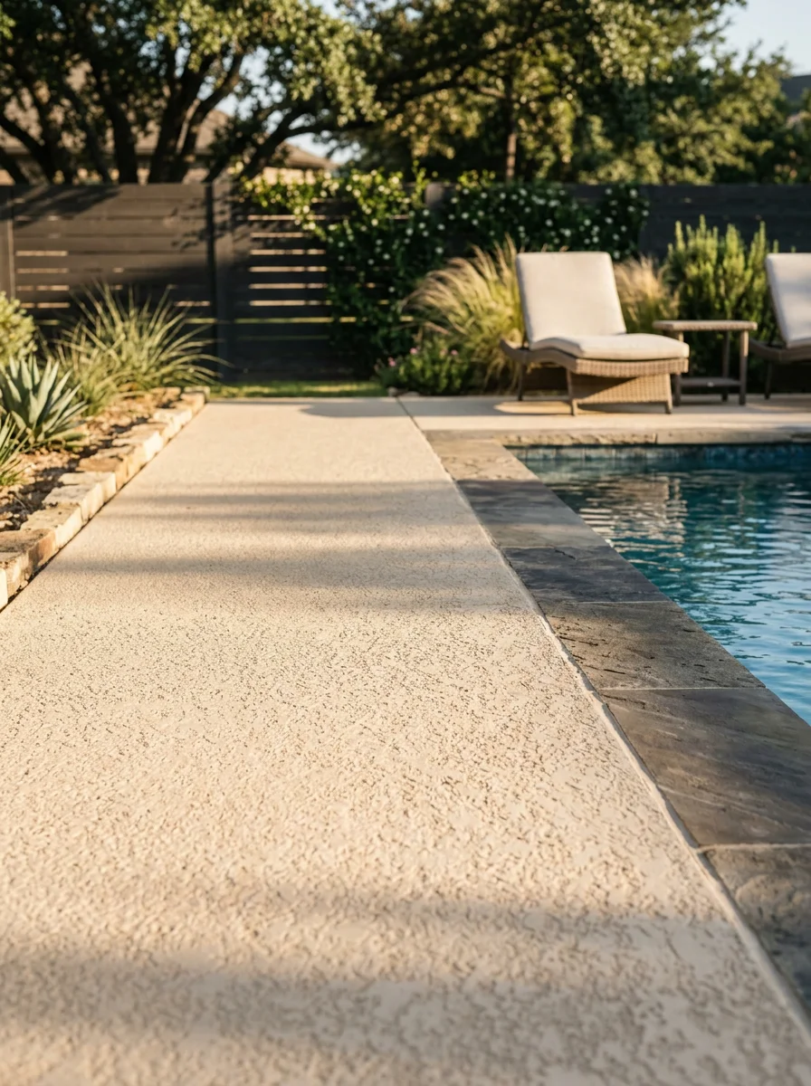 A spray deck finish on a Towne Lake poolside patio surface, showing the light-colored slip-resistant texture adjacent to the pool coping and outdoor seating area.