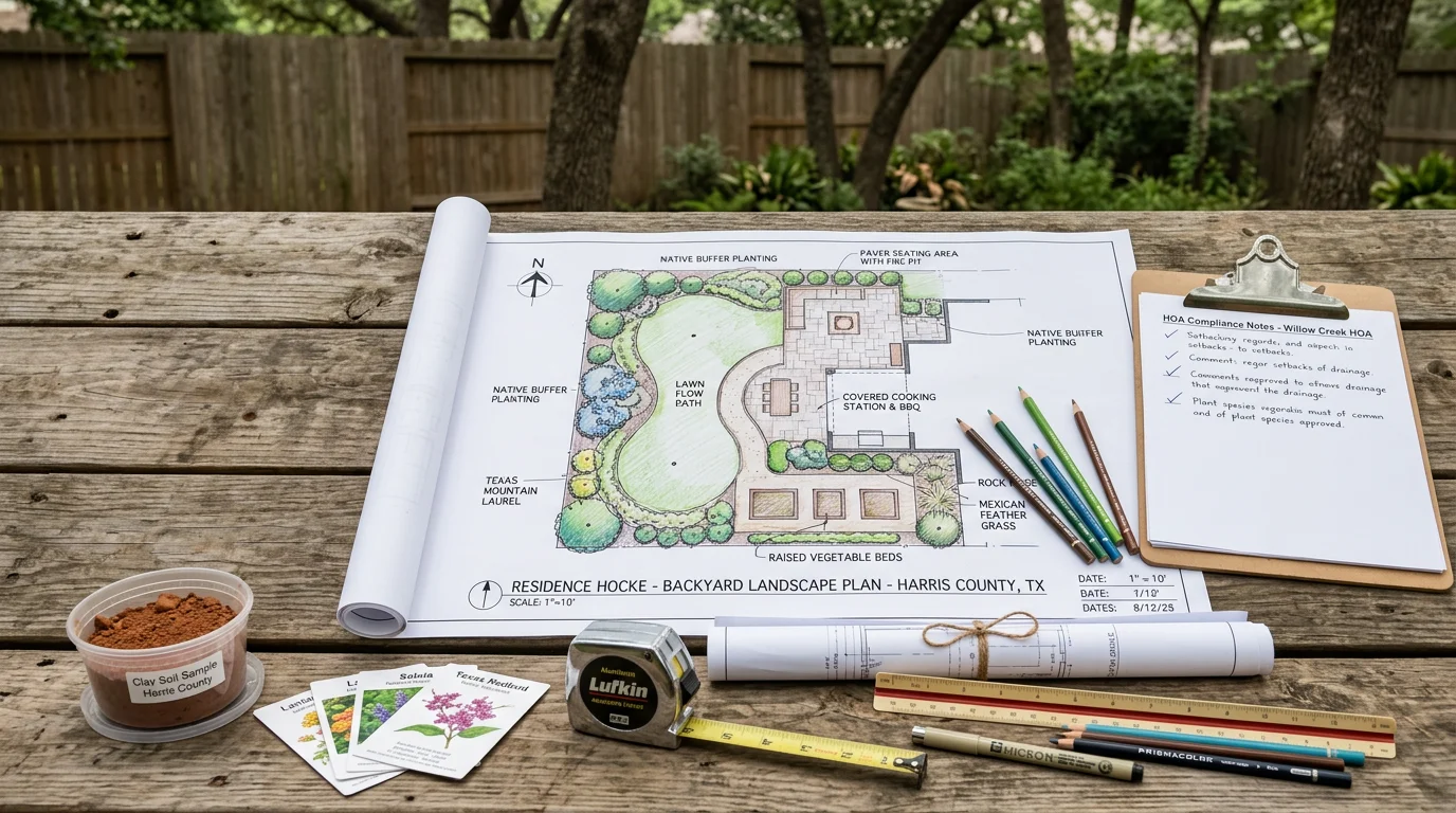 A planned backyard layout in Hockley, Texas showing clearly defined zones for outdoor seating, dining, and open lawn space on a residential property. The integrated design reflects HOA-compliant placement and full-sun site conditions typical of northwest Houston communities.