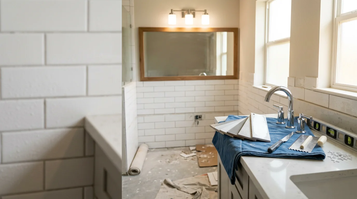 Renovated master bathroom in a Hockley, Texas home featuring a walk-in shower with tile surround, updated vanity, and modern lighting. Interior remodeling work completed by Cypress Patios & Backyard Designs LLC serving the northwest Houston area.