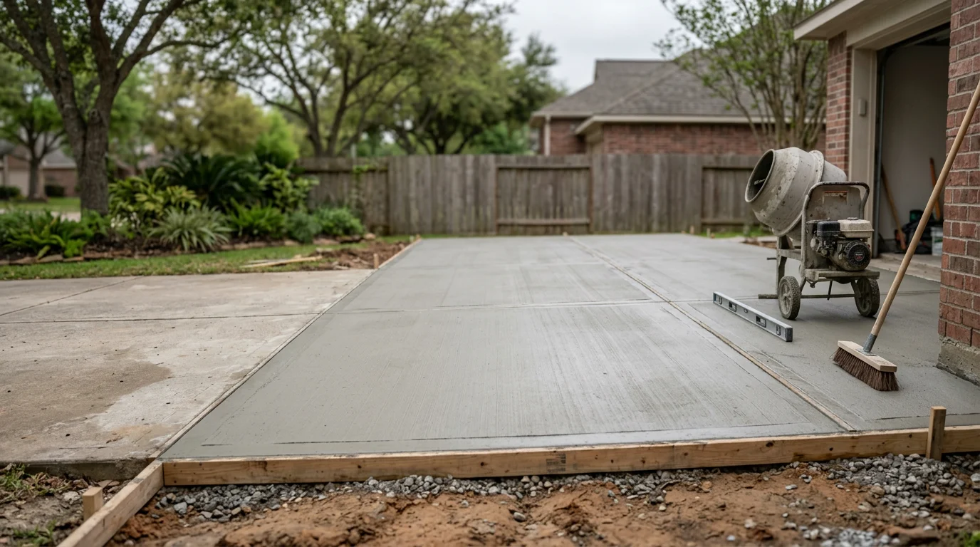 Freshly poured concrete driveway extension at a Hockley, TX residential property, showing a smooth gray surface connecting the existing driveway to a widened parking area. The finished slab runs alongside a brick-facade home typical of northwest Harris County master-planned communities.