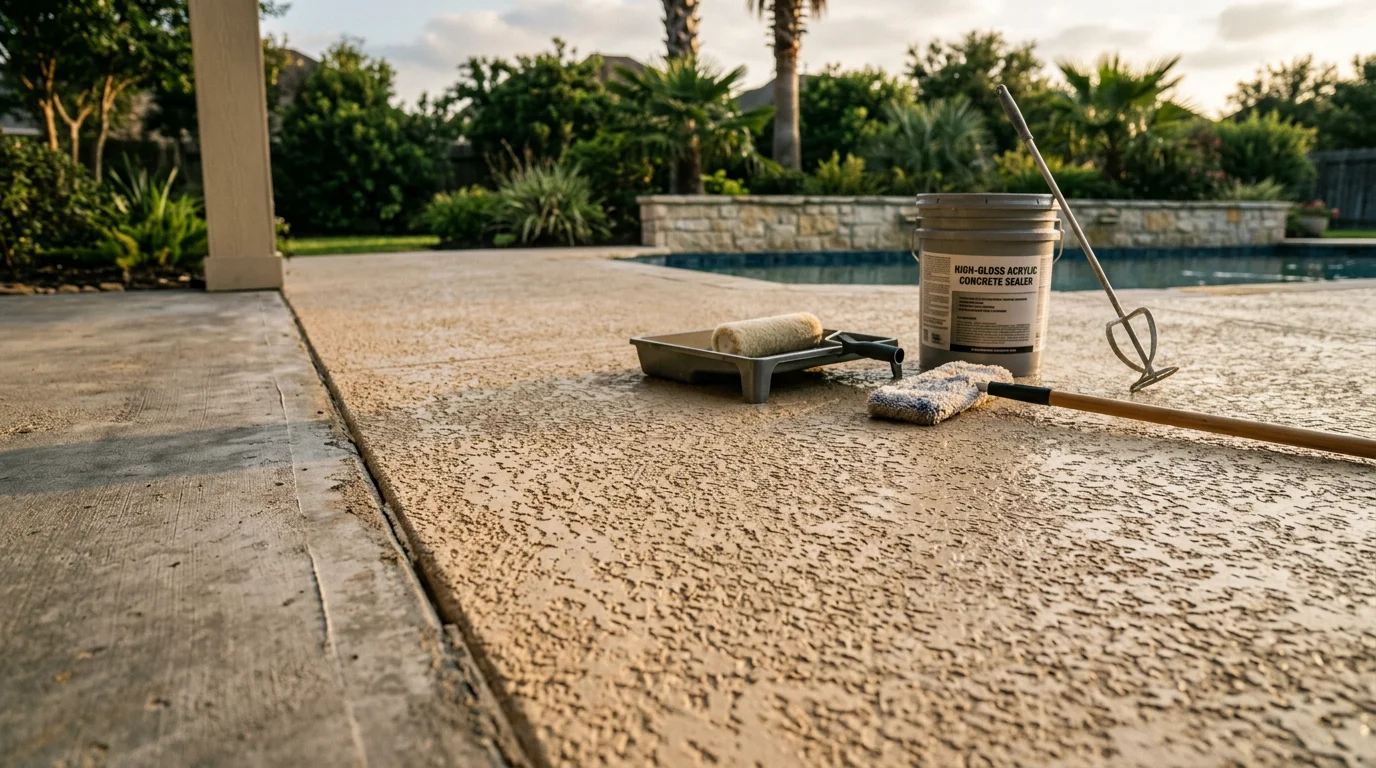 A freshly applied spray deck finish on a residential pool deck in Hockley, Texas, showing a textured, light-toned concrete overlay surface surrounding a backyard pool. The surface extends to a covered patio area, with clean edges and a uniform color consistent with a professionally managed design-build project.