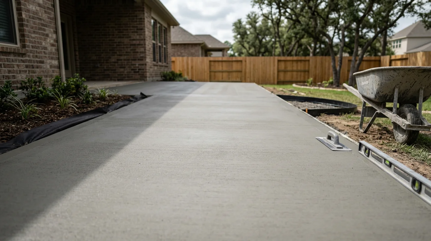 A finished concrete patio in a Hockley, TX backyard, showing a smooth, sealed slab extending from the back of a residential home with a large yard. The patio surface is level and clean, set against a typical Houston-area suburban home exterior.