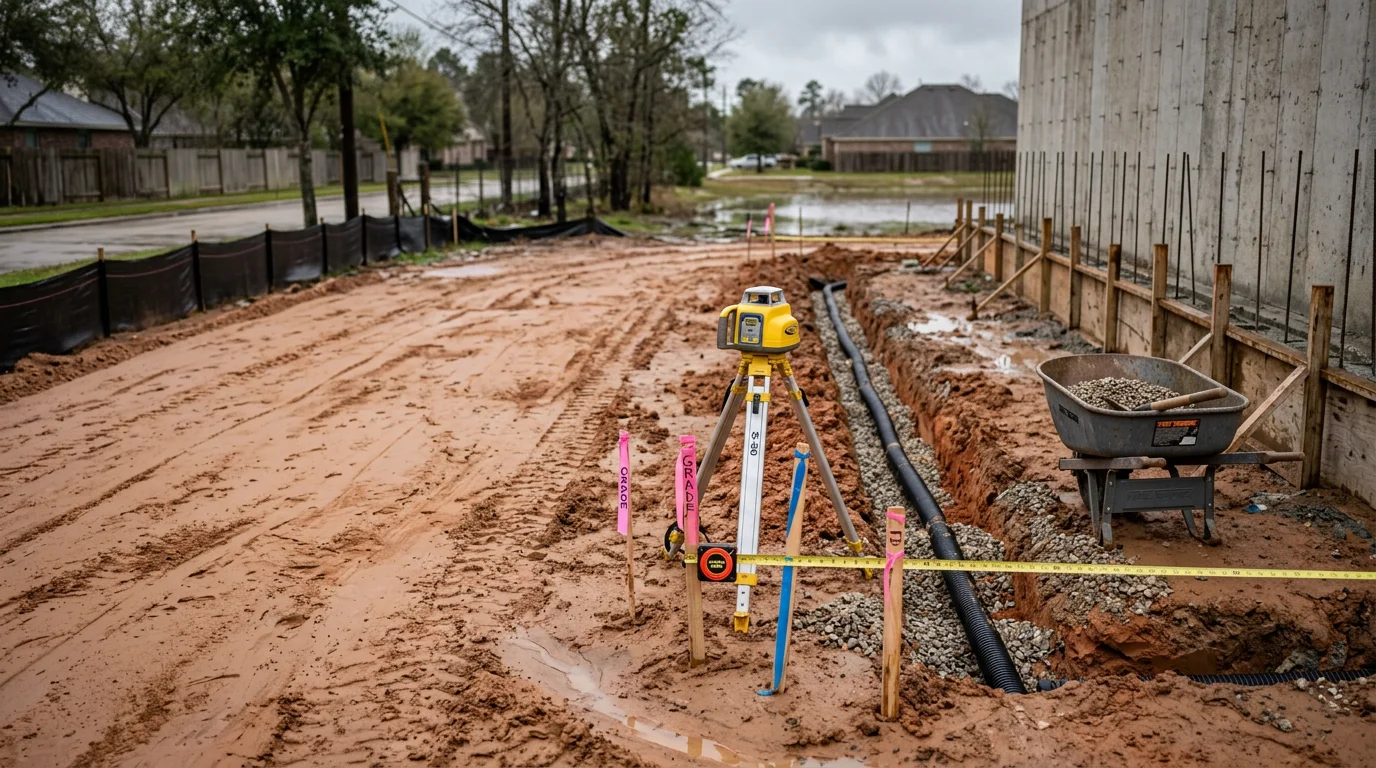 A graded backyard in Hockley, Texas with a newly installed drainage channel directing water away from a residential foundation. The surrounding lawn is level and dry following a Gulf Coast rain event.
