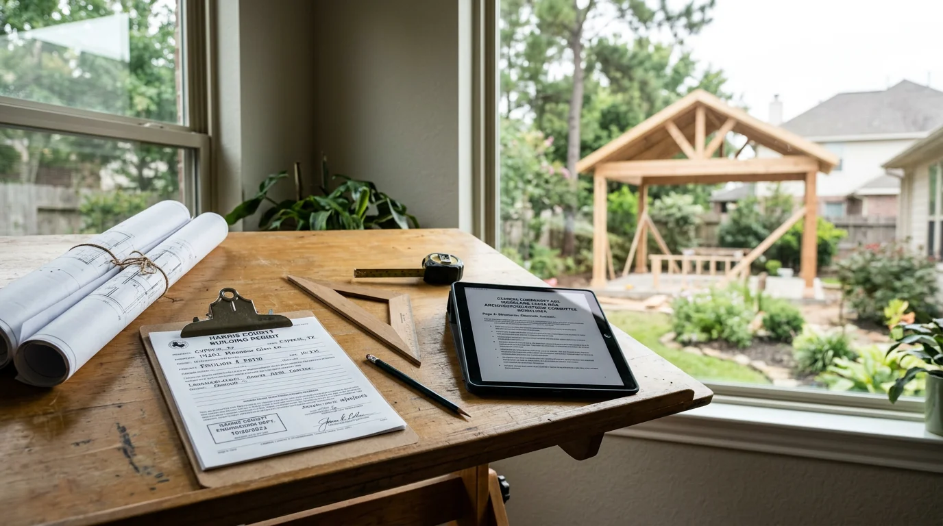 HOA coordination and permit planning documents laid out alongside a completed patio cover in a master-planned Hockley neighborhood. A professionally built covered outdoor structure sits behind a brick home, reflecting HOA-compliant design and Harris County code approval.