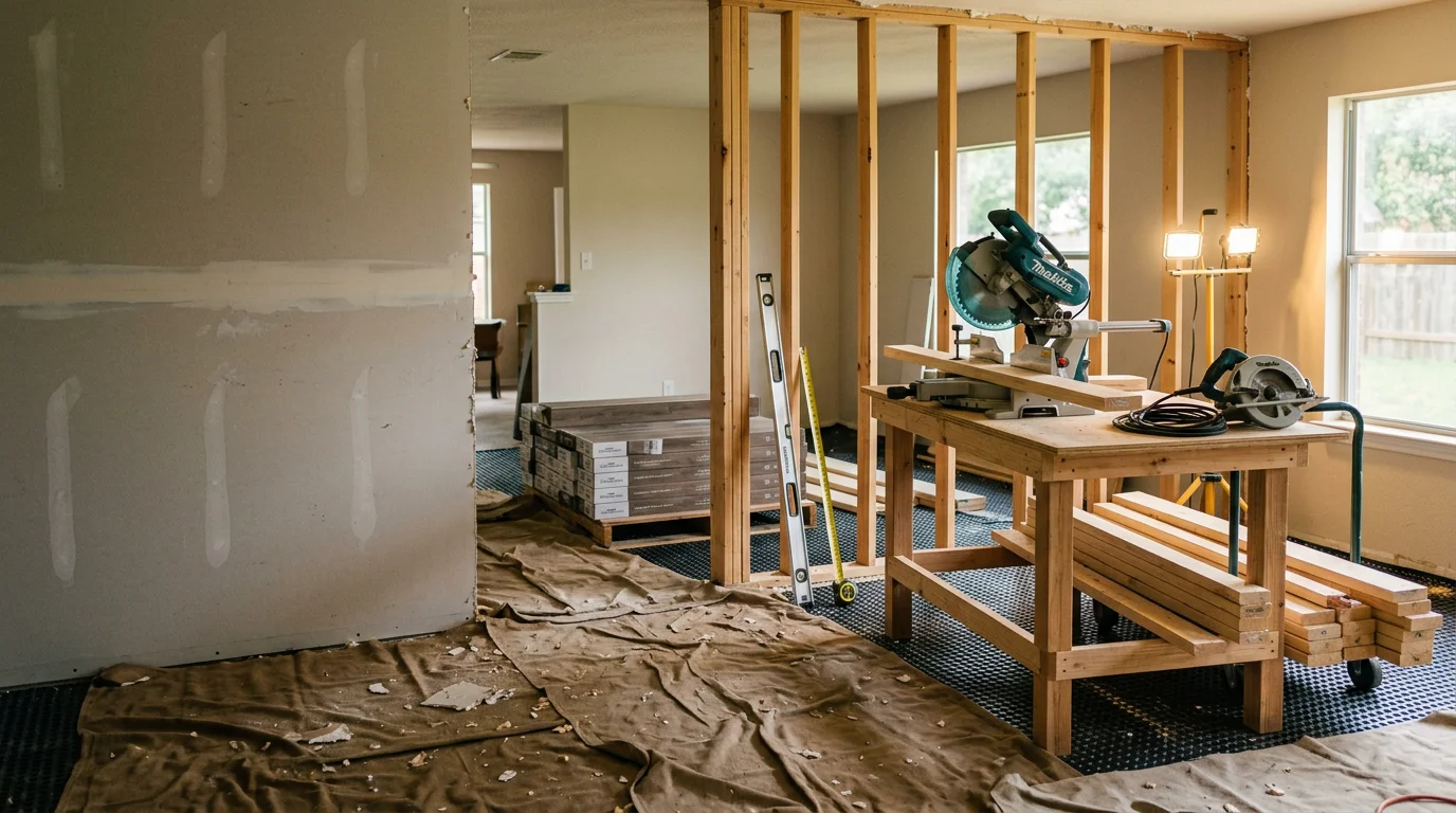 Renovated interior living space in a Hockley, TX home showing updated flooring, an open floor plan, and fresh interior finishes. The space reflects a professionally managed interior remodeling project completed for a northwest Houston area homeowner.