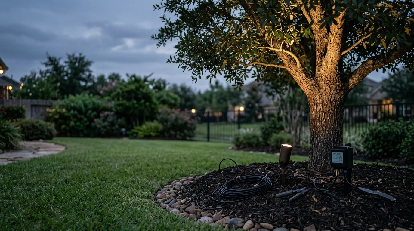 Professional landscape lighting installation at a Hockley, TX home, with uplights accenting mature trees and path lights lining a paver walkway leading to the front entry. The backyard patio area is softly lit, extending the usable outdoor space into the evening.