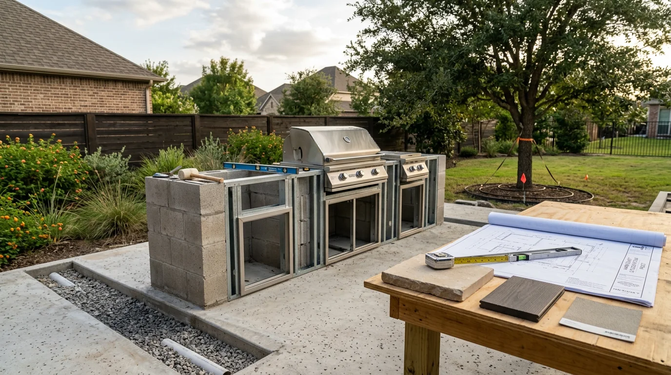 A custom outdoor kitchen designed by Cypress Patios & Backyard Designs LLC in the Hockley area, featuring a covered cooking station with a built-in grill island and a shaded seating area integrated into a landscaped backyard. The design reflects the structured layout and high-end craftsmanship the company applies to outdoor living projects across Harris County.
