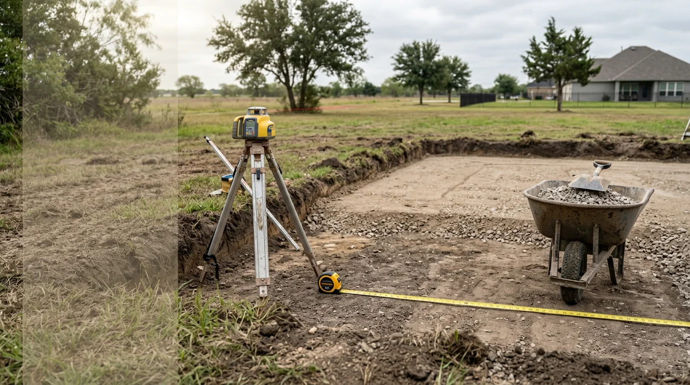 A finished paver patio with a built-in fire pit area in a Hockley, TX backyard, surrounded by a clean hardscape layout designed to manage drainage on clay soil. The space connects to the home's rear entry with a structured walkway and defined outdoor living zones.