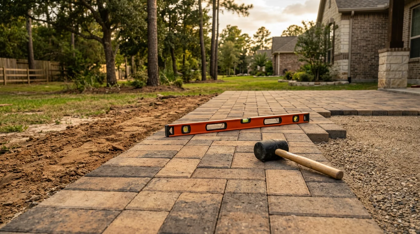 A custom paver patio installed in a Hockley, TX backyard, featuring a structured layout with clean joint lines and a connected walkway leading from the home to the yard. The surface sits level on a compacted base suited for the area's clay soil conditions.