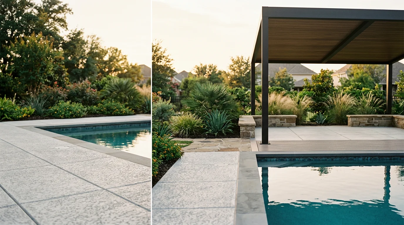A finished poolside and backyard integration project in Hockley, Texas, showing a paved deck, shade structure, and planted border areas surrounding an inground pool. The design connects the pool zone to the main patio in a single cohesive outdoor living space.