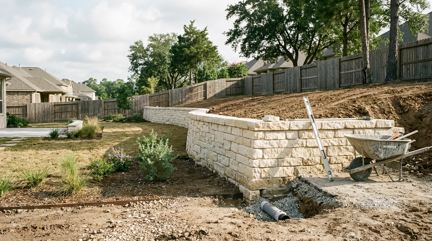 A finished retaining wall and hardscape installation in a Hockley, TX backyard, showing stacked stone wall sections holding a level lawn area above a lower patio zone. The design includes defined garden borders and clean transitions between the wall and surrounding landscape.