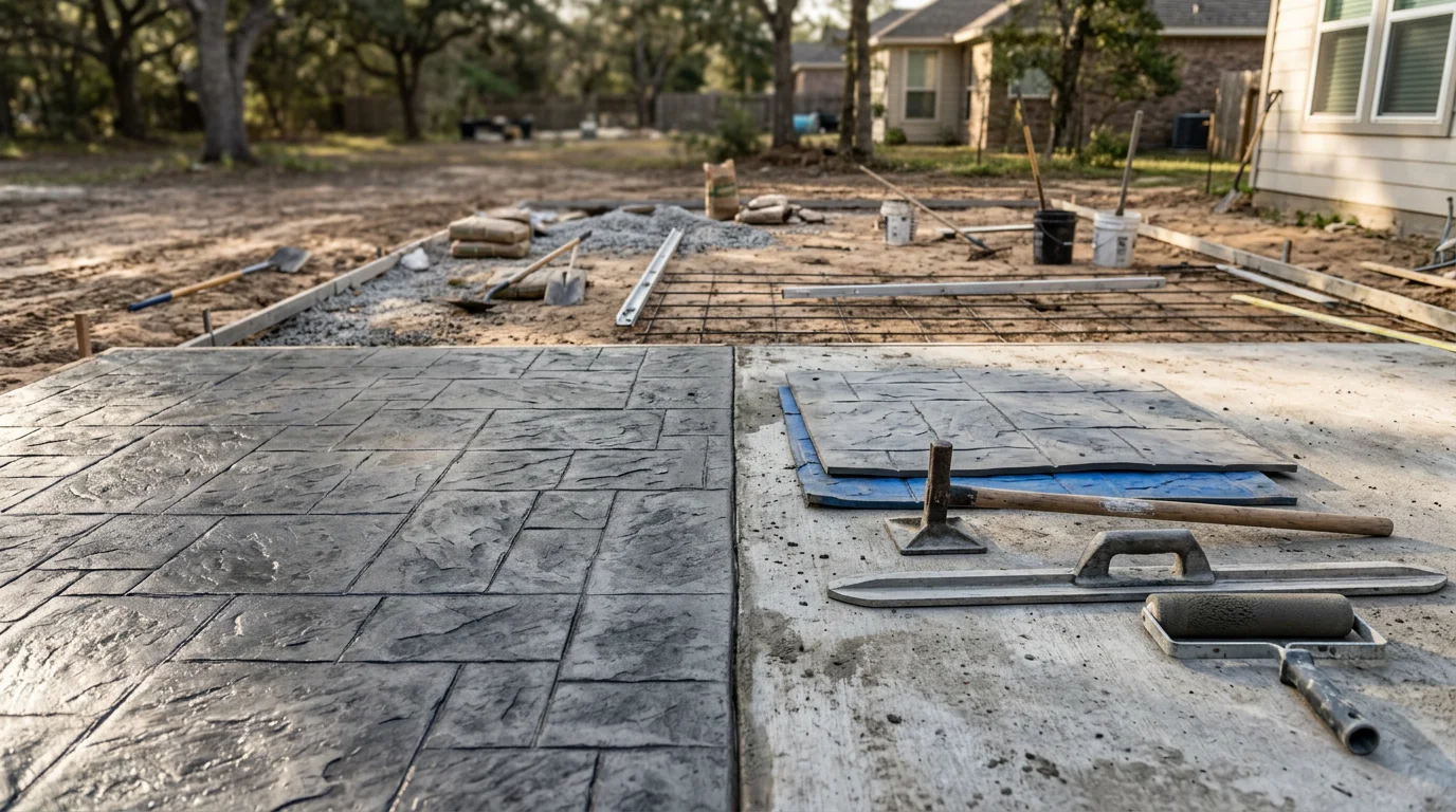 A stamped concrete patio with a flagstone pattern and earth-tone coloring installed in a Hockley backyard, surrounded by a wood privacy fence and outdoor seating area. The surface shows clean pattern detail and a sealed finish under bright Texas sunlight.